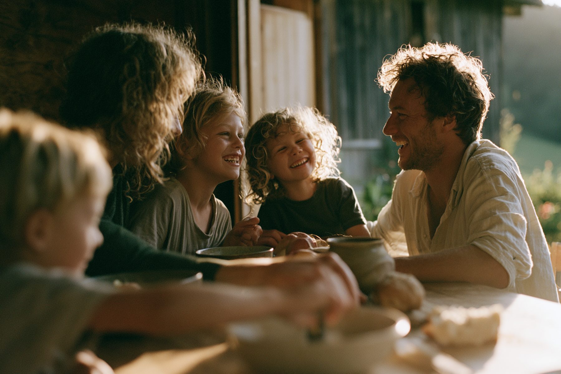 Eine Familie mit zwei Kindern lacht an einem Holztisch, warmes Abendlicht,
                im Hintergrund eine offene Tür in den Garten.