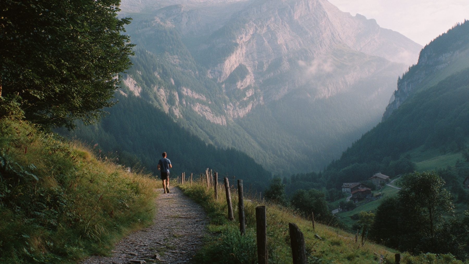 Ein Läufer auf einem Kiesweg oberhalb des Dorfs, dahinter die Felswand und
              der bewaldete Talkessel im Morgendunst.